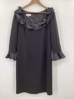 Teri Jon Black Ruffle-Trim Long Sleeve Dress